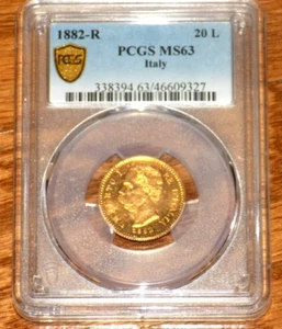 1882 Italian 20 Lire Gold Coin MS-63 1882R Italy G20L NGC Certified MS63 UNC - Picture 1 of 5