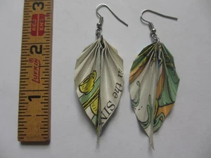 Leaf Origami Paper Dangle Earrings from Dr. Seuss Book The Cat in the Hat OOAK - Picture 1 of 5