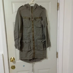 Long Olive Hooded Military Style Jacket With Pockets & Zipper Details Womens - Picture 1 of 15