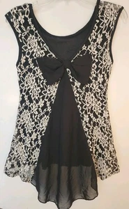 JULIE'S CLOSET, WOMEN'S BLACK/BEIGE NYLON BL SLEEVELESS LACE BLOUSE W/BOW, SZ S - Picture 1 of 2