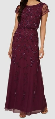 Adrianna Papell Womens Purple Boat-Neck Short-Sleeve Beaded Dress Petite Size 4P - Image 1 of 3