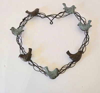 Heart Shaped Metal Wire Wreath With Birds In A Rust And Blue Finish Rustic Home - Image 1 of 4