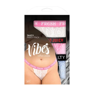 Fantasy Lingerie Vibes Pack 3-Piece Lace Thong Panty Set Blue/Pink/White - Image 1 of 2