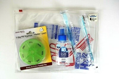Pill Organizer 7 day, 3 oz travel spray bottle, clear pouch 2 travel tooth brush - Изображение 1 из 4