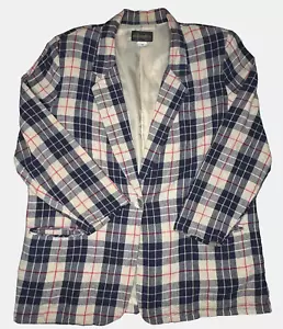 VTG 90s 100% Linen Blazer Womens 16 Plaid Jacket Navy Ivory Red Preppy Nautical - Picture 1 of 8