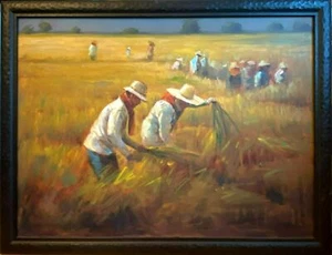 Agus Djaya Suminta Oil Painting Canvas Signed Indonesian South Asia Rice Harvest - Picture 1 of 10