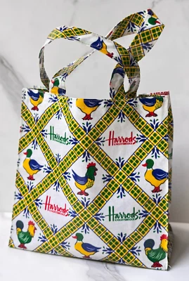 Vintage 1980's HARRODS KNIGHTSBRIDGE PVC Coated Cotton Tote Bag, ROOSTERS - Image 1 of 4