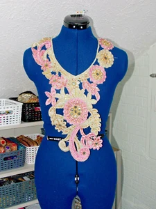mirror pink gold crystal sequin lace collar YOKE chest applique motif asian  - Picture 1 of 1