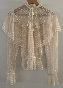Vintage Anthea Crawford Prairie Blouse Size 8 Cream Lace Ruffle Sheer - Picture 1 of 8