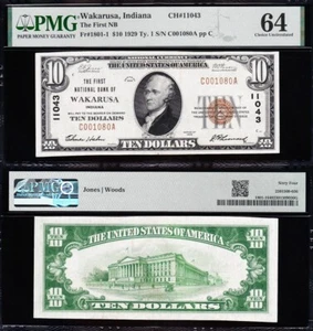 Amazing *RARE* Very CHOICE UNC 1929 $10 WAKARUSA, IN National! PMG 64! 01080A - Picture 1 of 3
