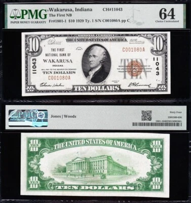 Amazing *RARE* Very CHOICE UNC 1929 $10 WAKARUSA, IN National! PMG 64! 01080A - Image 1 of 3