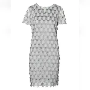 NEW Banana Republic Fringe Dot Shift Silver Gray Short Sleeve Dress Size 8 - Picture 1 of 7