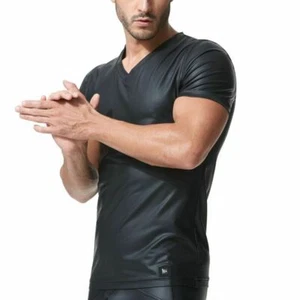 GREGG HOMME Shirt Crave Faux Leather V-Neck T-Shirt 152607 GT1 - Picture 1 of 4