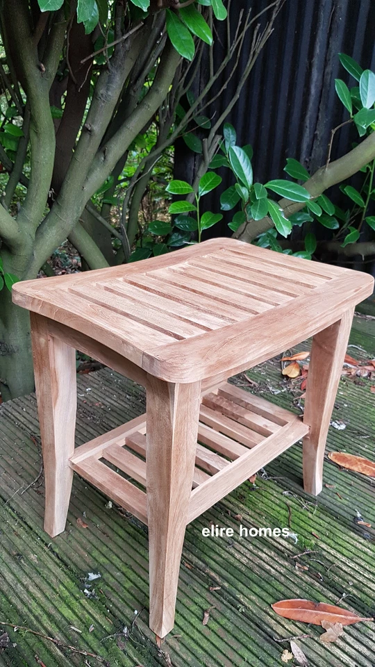 Teak shower seat bench with shelf, Wooden bathroom stool outdoor use, spa chair - Image 1 of 4