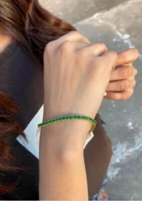 925 Sterling Silver Emerald Gemstone Handmade Tennis Bracelet Anniversary Gift - Image 1 of 4