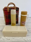 Vtg Tartan Red Plaid Picnic Bag Travel Set Hot & Cold Thermos & Sandwich Box /rw