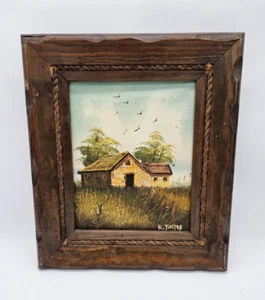 Pintura al óleo de paisaje enmarcado de granja rural firmada por K. Falter Indiana Barn, Country Farm - Imagen 1 de 5