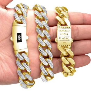 10k Yellow Gold 15mm Monaco Miami Cuban Link Diamond Cut Pave Chain Necklace 22" - Picture 1 of 8