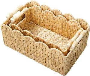 Scalloped Edge Wicker Basket,Hand-Woven Rattan Baskets with Wooden Handles,Natur - Picture 1 of 9