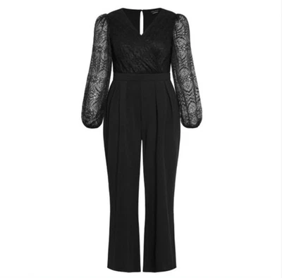 Mono City Chic Katalina Negro Talla 14 Talla Grande Manga Larga Encaje Pierna Ancha Foto 1 de 4