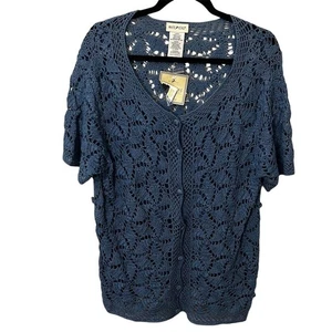 White Stag Vintage Blue Crochet Cardigani Sweater Size Large 12 / 14 Granny Knit - Picture 1 of 5