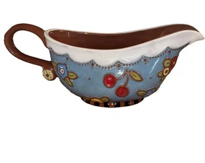 Vintage Mary Engelbreit Gravy Boat Blue Brown Floral Cherries 2001 Michel & Co - Picture 1 of 8