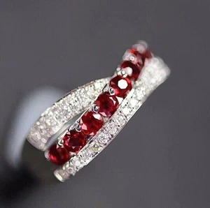 2.20 Ct Round Ruby and Moissanite Band Ring | 14K White Gold Over - Picture 1 of 7