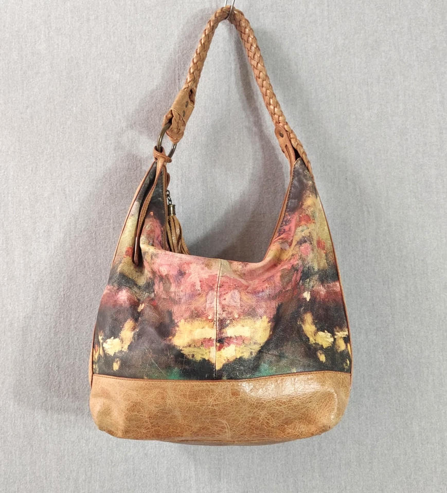 Icon Los Angeles Leather Hobo Shoulder Tote Bag Braided Strap Abstract Painterly - Image 1 of 4