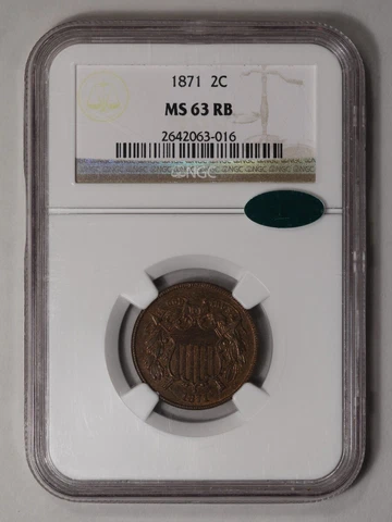 1871 Two Cent Piece 2C NGC MS63RB (CAC) Cover