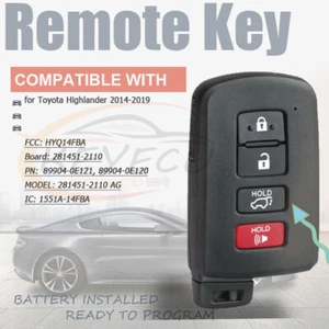 Remote key fob for Toyota Highlander 2014 15 16 17 18 2019 HYQ14FBA 281451-2110 - Picture 1 of 9