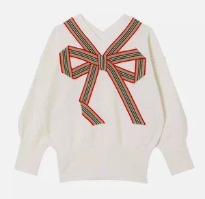 Burberry Girl Arabelle Icon Stripe Bow Wool Silk Top Sweater, Ivory, Sz 4Y, NWT! - Picture 1 of 12