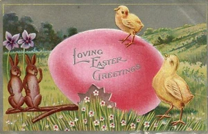 1910 Easter Bunny Rabbit pair with Chicks and large eggs - Picture 1 of 2