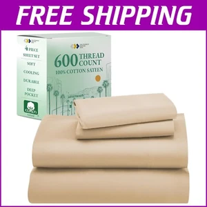 Cooling King Size Bed Sheets Set - Soft 600 Thread Count Cotton for All Seasons - Picture 1 of 11