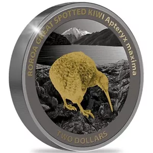 2 dólares gran kiwi manchado alto relieve negro prueba Nueva Zelanda 2 oz plata 2024 - Imagen 1 de 3