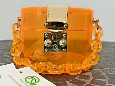CS CALEESA Pequeño Fluorescente Naranja Caja Acrílico Estuche Monedero Tono Dorado Cadena 6654 Foto 1 de 4