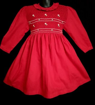Robe smocks manches longues col Pierrot en coton piqué rouge vif 1 an à 12 ans - Photo 1/3
