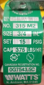 Watts 315M2 3/4" 15 PSI Dampf-Sicherheits-Überdruckventil 375 Pfund 0 - Bild 1 von 4