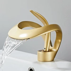 Gold Waterfall Bathroom Vessel Sink Faucet Single Hole Single Handle Mixer Tap - Picture 1 of 7