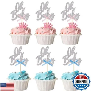 24Pcs Oh Baby Cupcake Toppers Glitter Baby Shower Cupcake Picks with Pink Blu - Picture 1 of 5