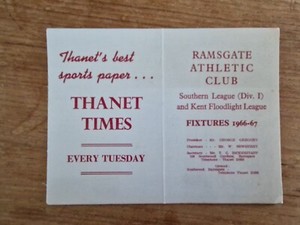 1966/67 Ramsgate Athletic FC Fixture Card Very Good Condition