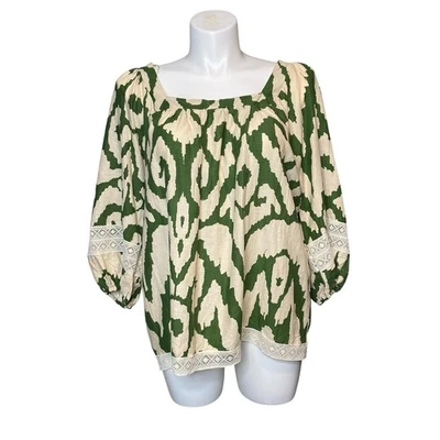 Top de mujer Rachel Zoe talla 1X beige verde mezcla de lino manga globo ribete de ganchillo Foto 1 de 4