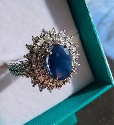 EFFY 14K белое золото сапфир и бриллиант Halo заявление кольцо с коробкой розничной $4,400 - Изображение 1 из 4