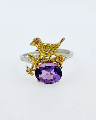 Amethyst & Ruby Adjustable Silver 925 Bird Ring UK Size O-USA7 Certificate & Box - Image 1 of 4