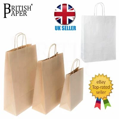 PAPER BAGS WITH HANDLES WHITE BROWN KRAFT CARRIER PARTY GIFT SMALL LARGE 50 100