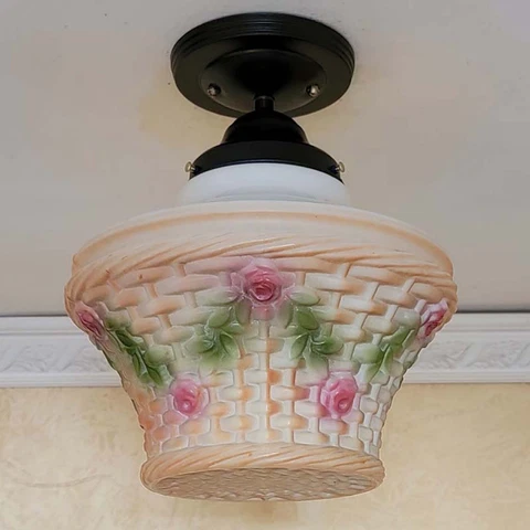 968b Vintage antique Ceiling Glass Light Lamp porch globe Kopp cabbage rose Cover