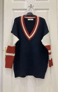 Men's Jumper Blue Size S Small Navy Cream Red V Neck - Picture 1 of 5