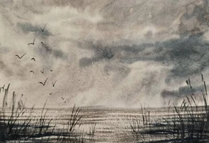 Original Artwork Modern Watercolor Painting Landscape SKY Art Seascape Gift A5 - Picture 1 of 9