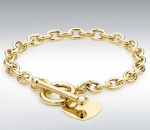 9ct Yellow Gold Belcher Heart Tag T.Bar Bracelet 7.50" - Picture 1 of 5