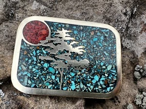 Turquoise Inlay Brass Buckle Belt Tree of Life Southwestern Vtg USA made by BTS - Picture 1 of 13