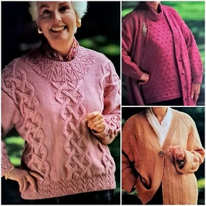 1980s Graduated Yoke Aran Cable Bobble Twinset Patons 1110 Knitting Pattern DK - Picture 1 of 6